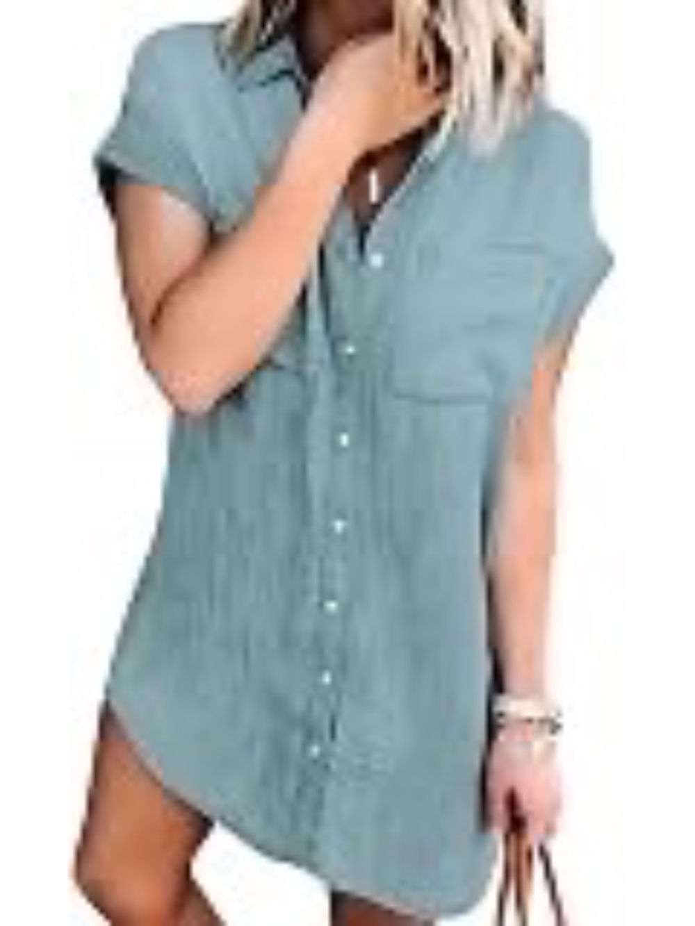 Women Denim Shirt Dresses Short Sleeve Distressed Jean Dress Button Down Casual